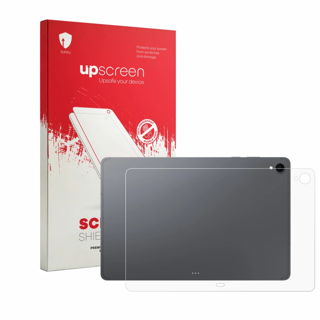 Front side of a product packaging with the brand logo upscreen. Next to it is the device Samsung Galaxy Tab S12 Plus (Back) sh