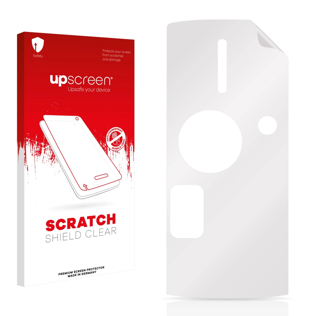 Front side of a product packaging with the brand logo upscreen. Next to it is the corresponding screen protector.