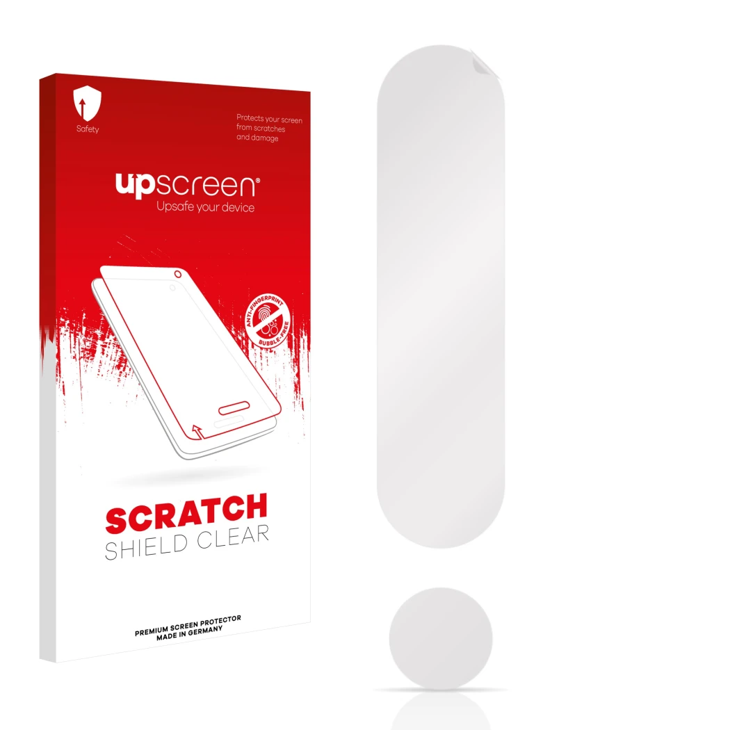 Front side of a product packaging with the brand logo upscreen. Next to it is the corresponding screen protector.