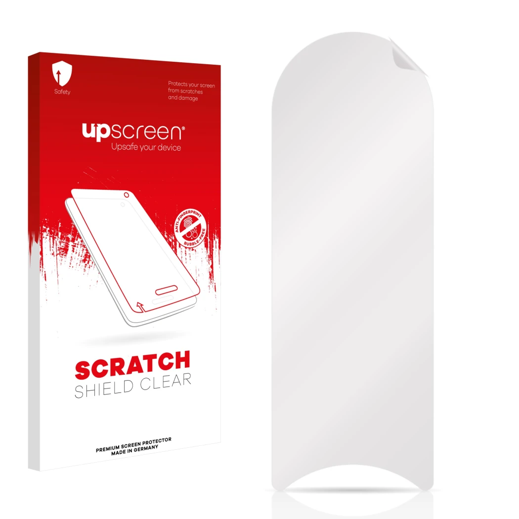 Front side of a product packaging with the brand logo upscreen. Next to it is the corresponding screen protector.