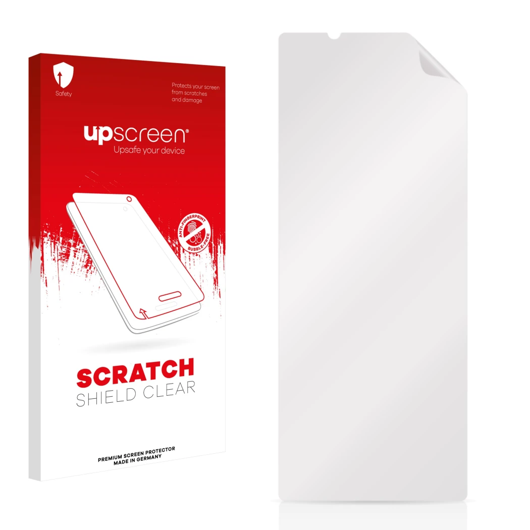 Front side of a product packaging with the brand logo upscreen. Next to it is the corresponding screen protector.