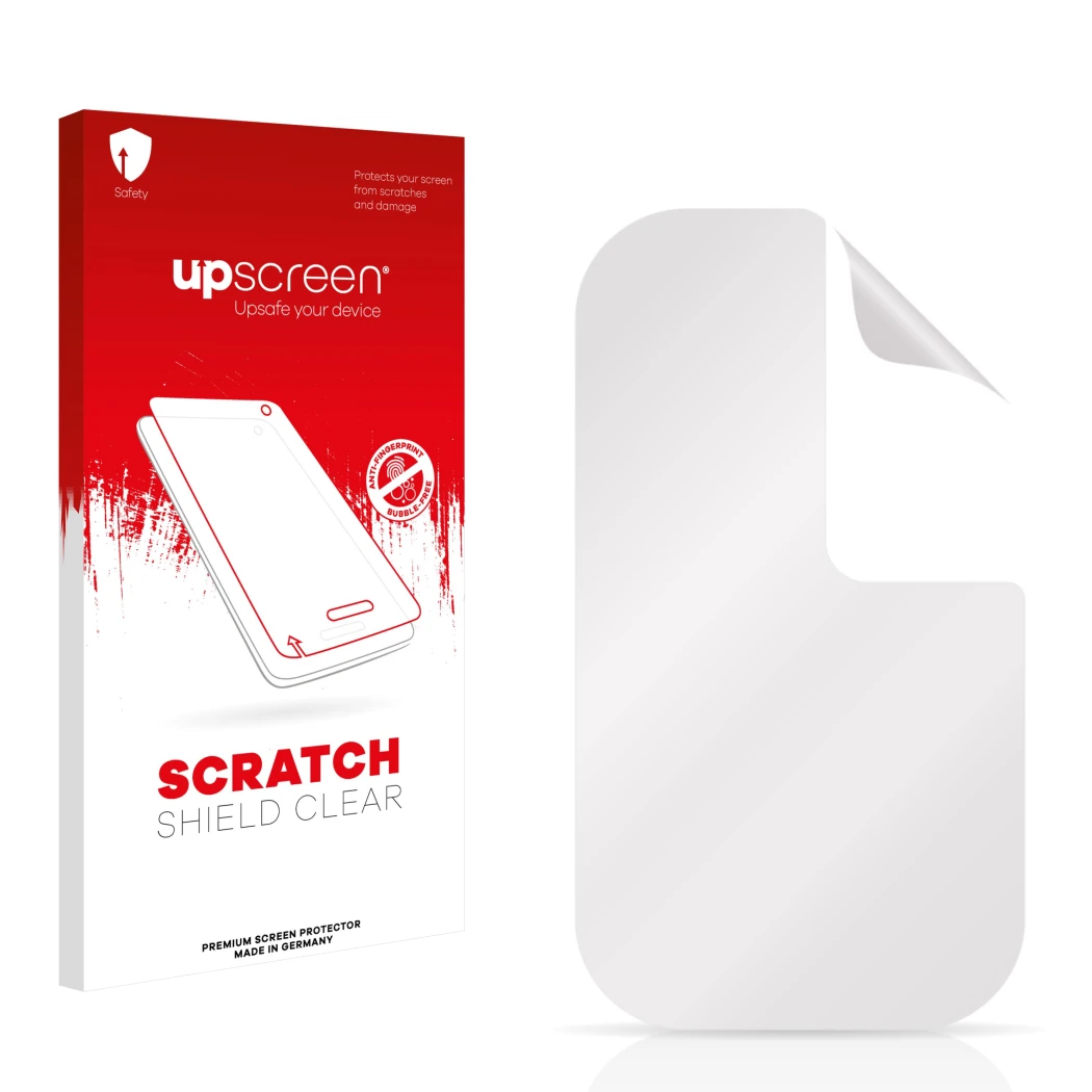 Front side of a product packaging with the brand logo upscreen. Next to it is the corresponding screen protector.