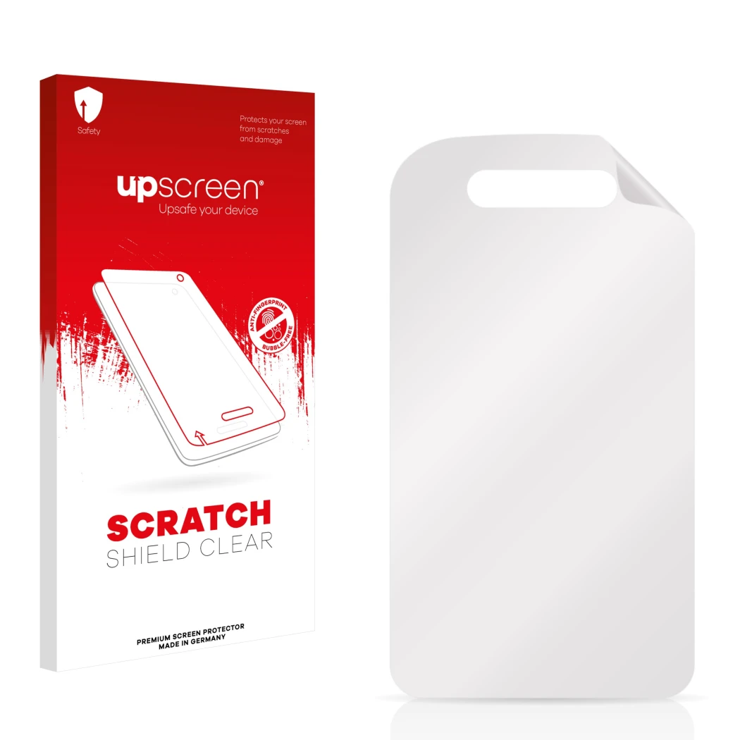 Front side of a product packaging with the brand logo upscreen. Next to it is the corresponding screen protector.