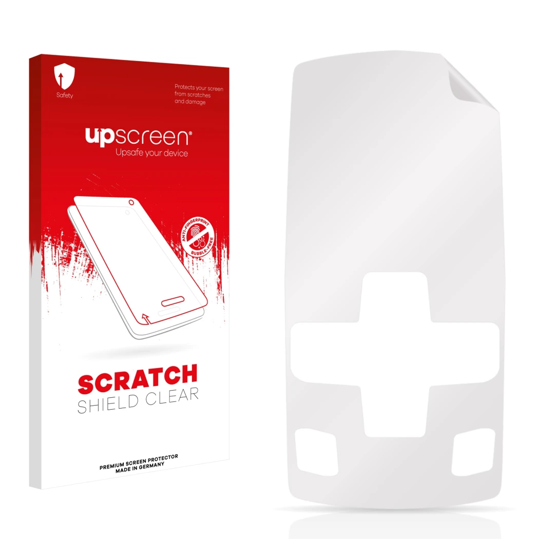 Front side of a product packaging with the brand logo upscreen. Next to it is the corresponding screen protector.