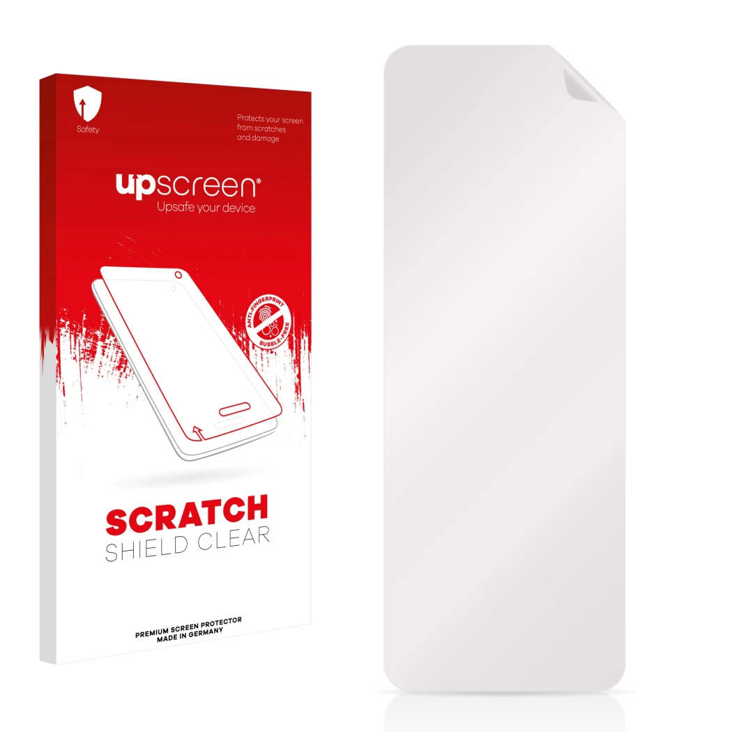 Front side of a product packaging with the brand logo upscreen. Next to it is the corresponding screen protector.