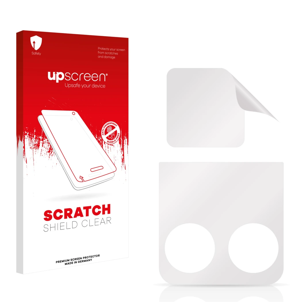 Front side of a product packaging with the brand logo upscreen. Next to it is the corresponding screen protector.