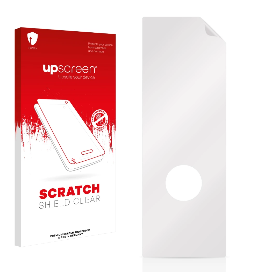 Front side of a product packaging with the brand logo upscreen. Next to it is the corresponding screen protector.