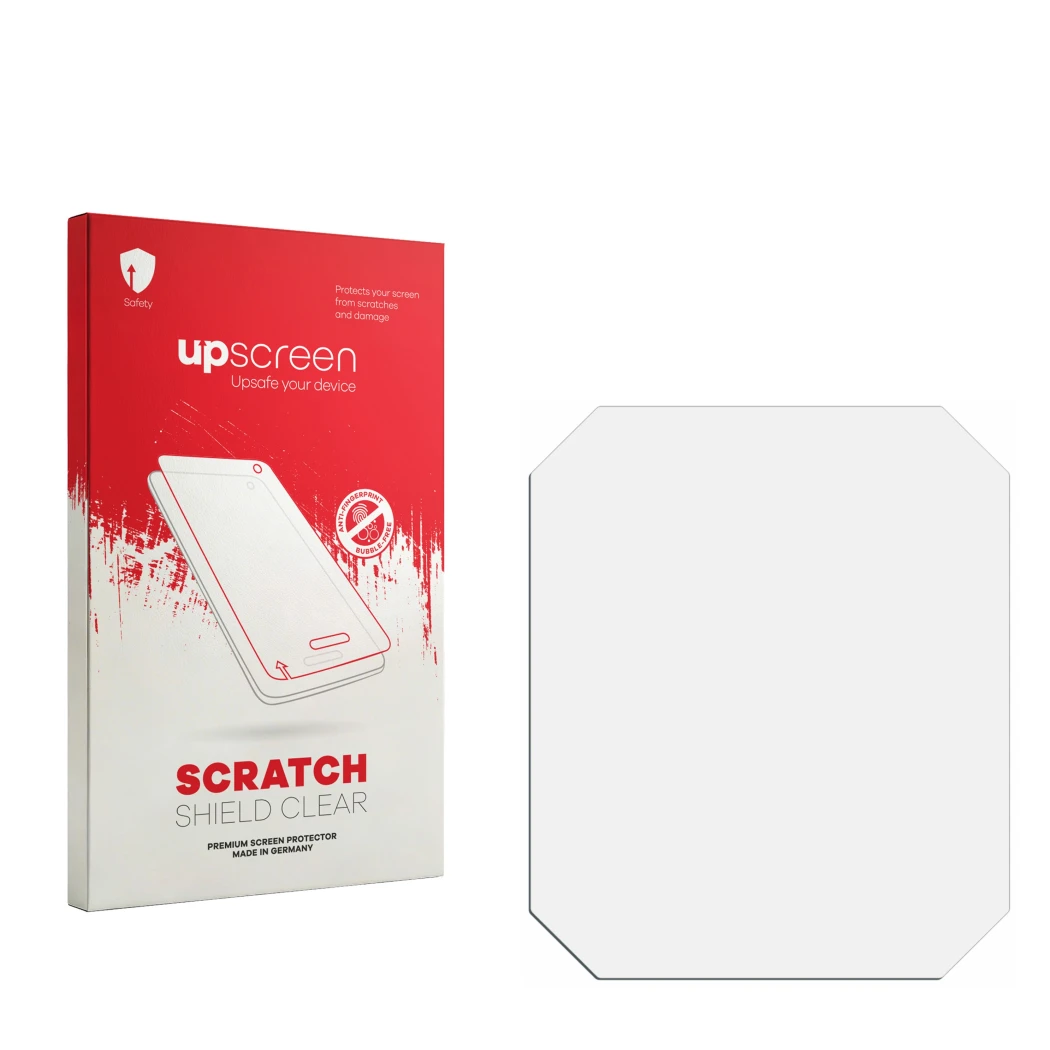 Front side of a product packaging with the brand logo upscreen. Next to it is the corresponding screen protector.
