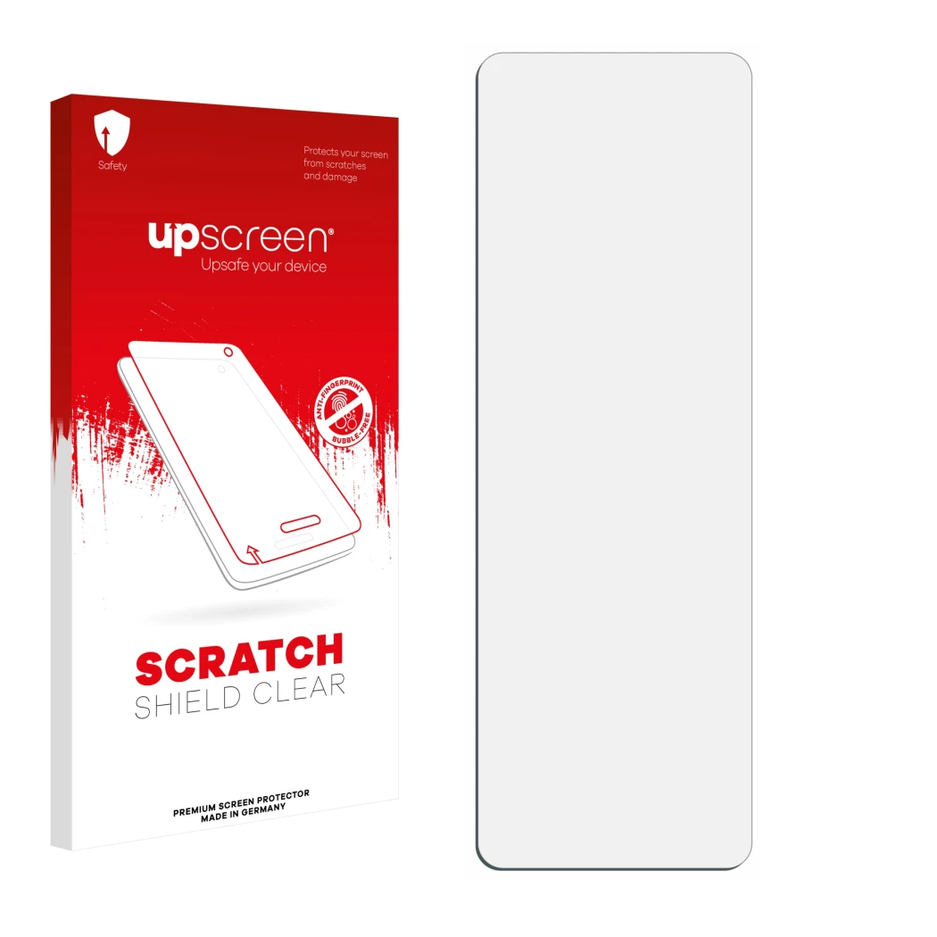 Front side of a product packaging with the brand logo upscreen. Next to it is the corresponding screen protector.