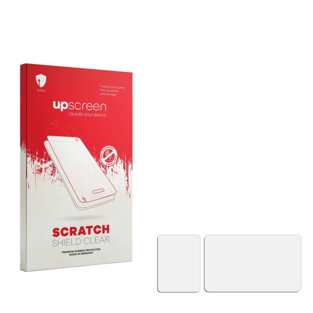 Front side of a product packaging with the brand logo upscreen. Next to it is the corresponding screen protector.