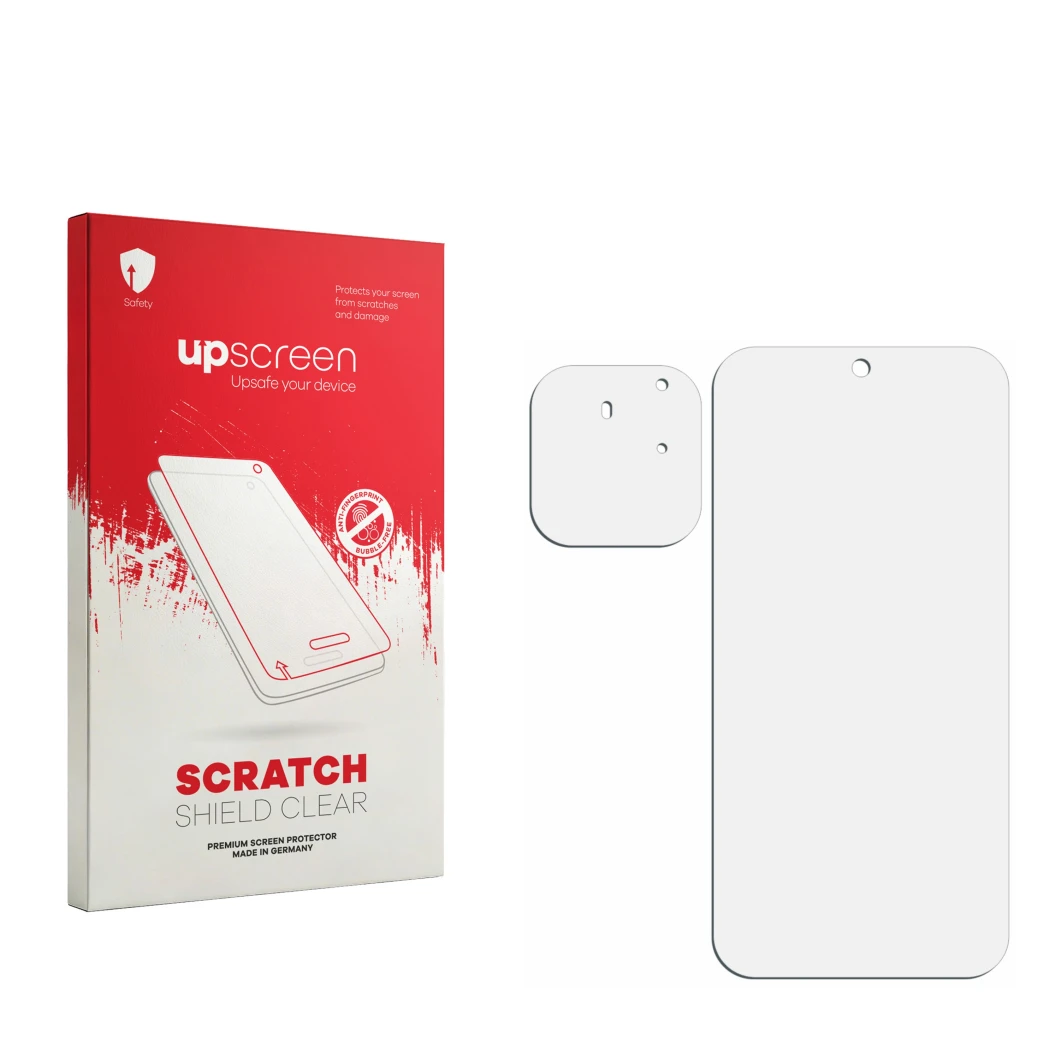 Front side of a product packaging with the brand logo upscreen. Next to it is the corresponding screen protector.