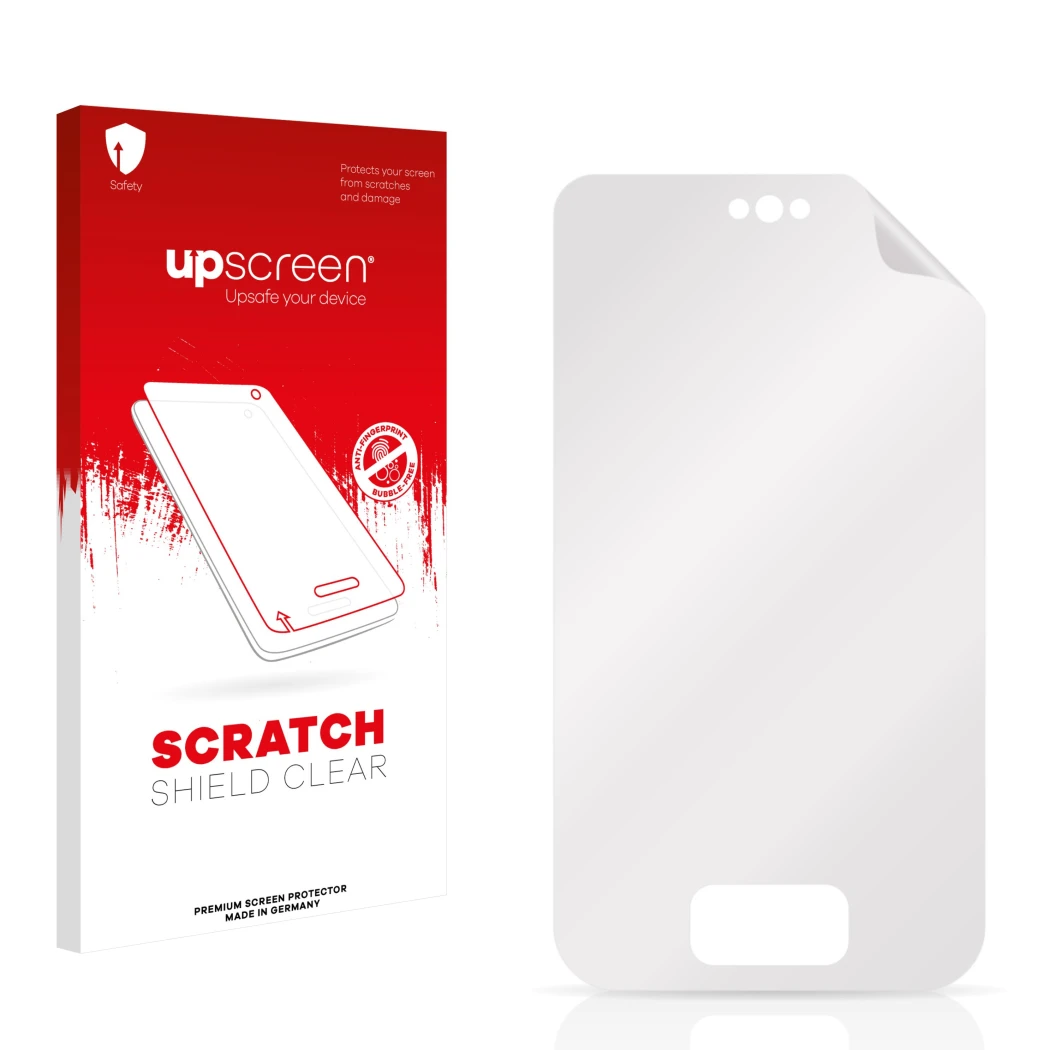 Front side of a product packaging with the brand logo upscreen. Next to it is the corresponding screen protector.