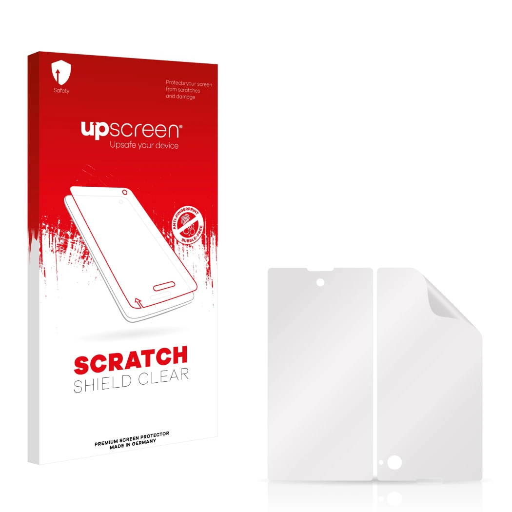 Front side of a product packaging with the brand logo upscreen. Next to it is the corresponding screen protector.