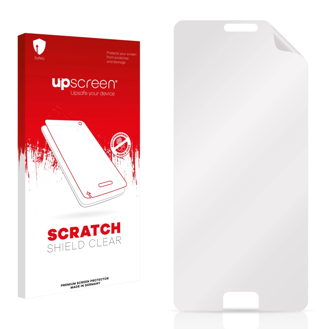 Front side of a product packaging with the brand logo upscreen. Next to it is the corresponding screen protector.