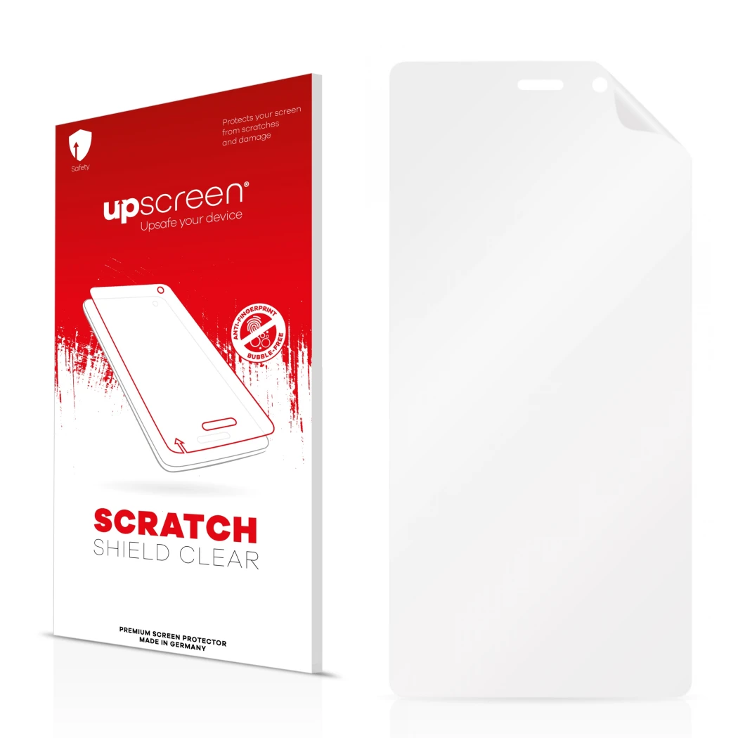 Front side of a product packaging with the brand logo upscreen. Next to it is the corresponding screen protector.