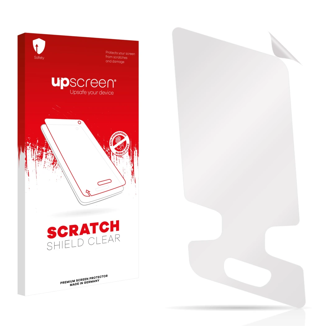 Front side of a product packaging with the brand logo upscreen. Next to it is the corresponding screen protector.
