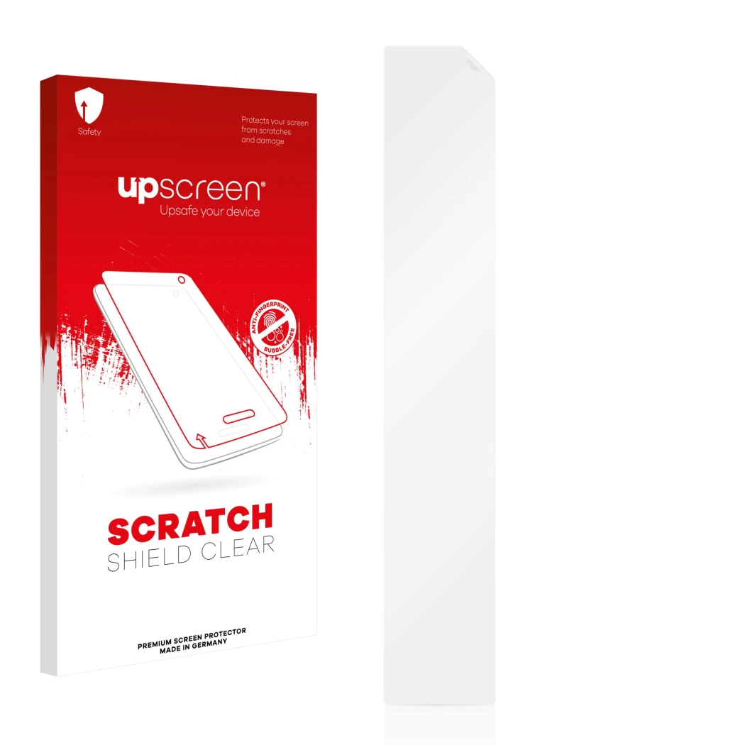 Front side of a product packaging with the brand logo upscreen. Next to it is the corresponding screen protector.