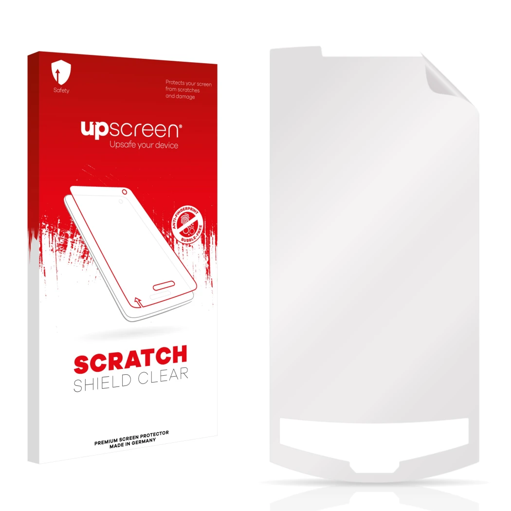 Front side of a product packaging with the brand logo upscreen. Next to it is the corresponding screen protector.