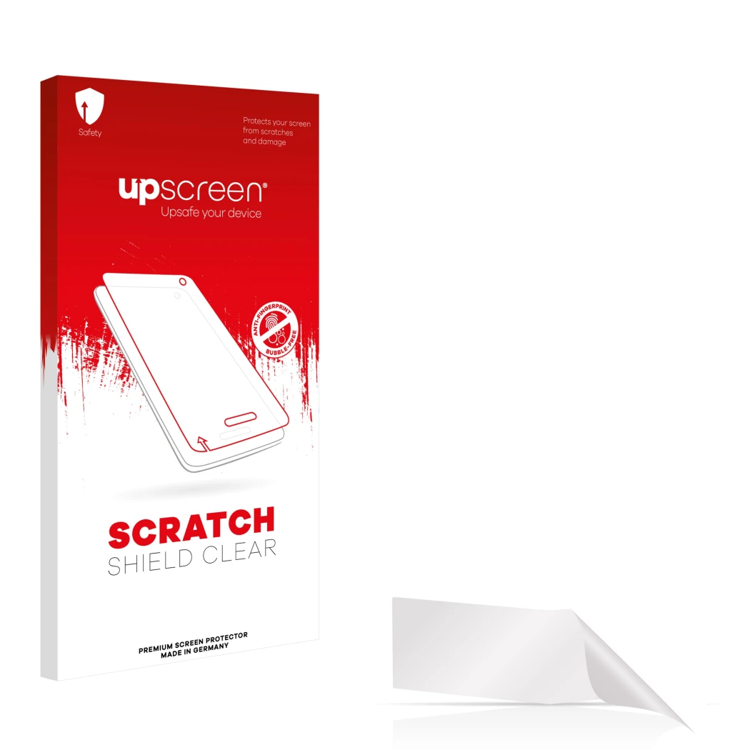 Front side of a product packaging with the brand logo upscreen. Next to it is the corresponding screen protector.