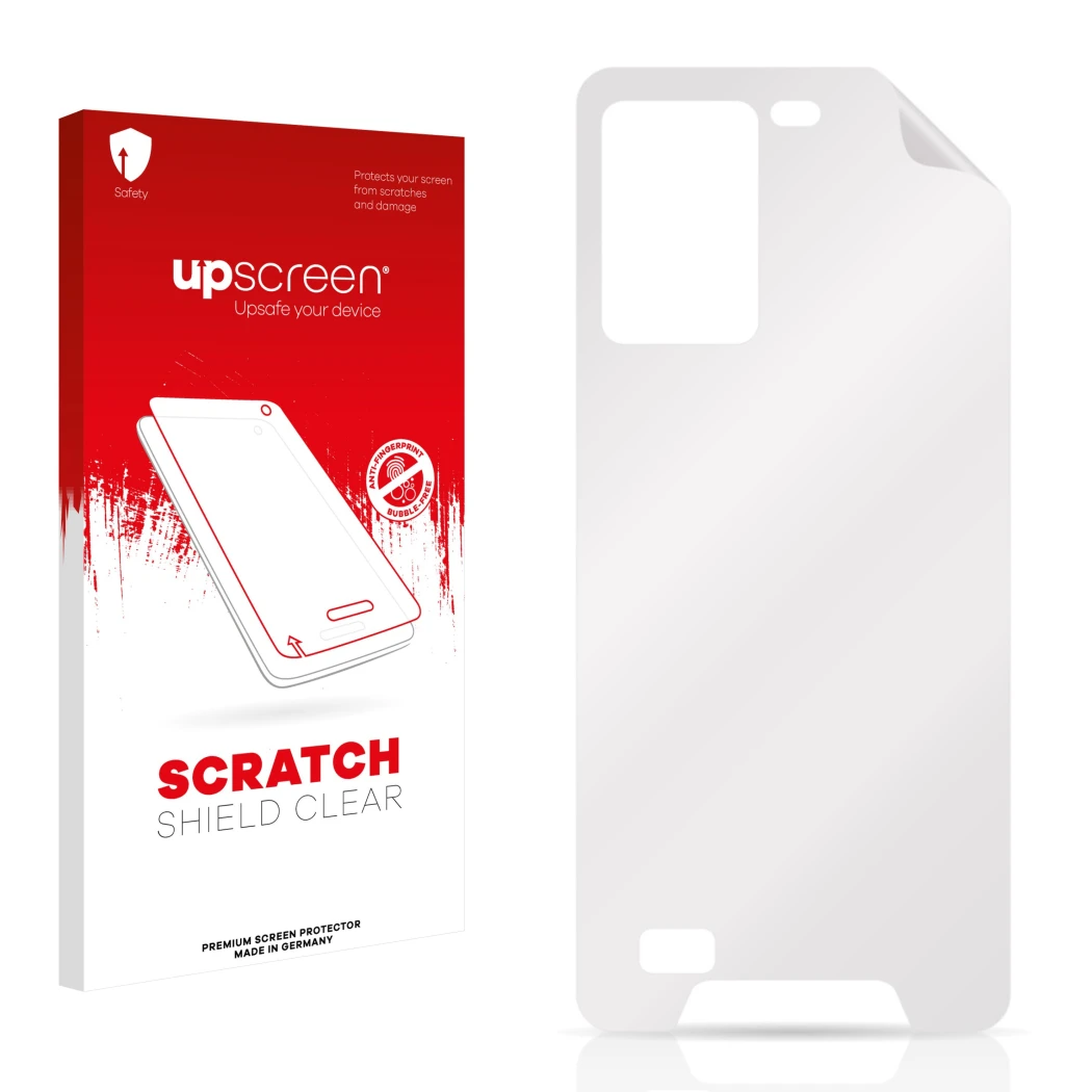 Front side of a product packaging with the brand logo upscreen. Next to it is the corresponding screen protector.