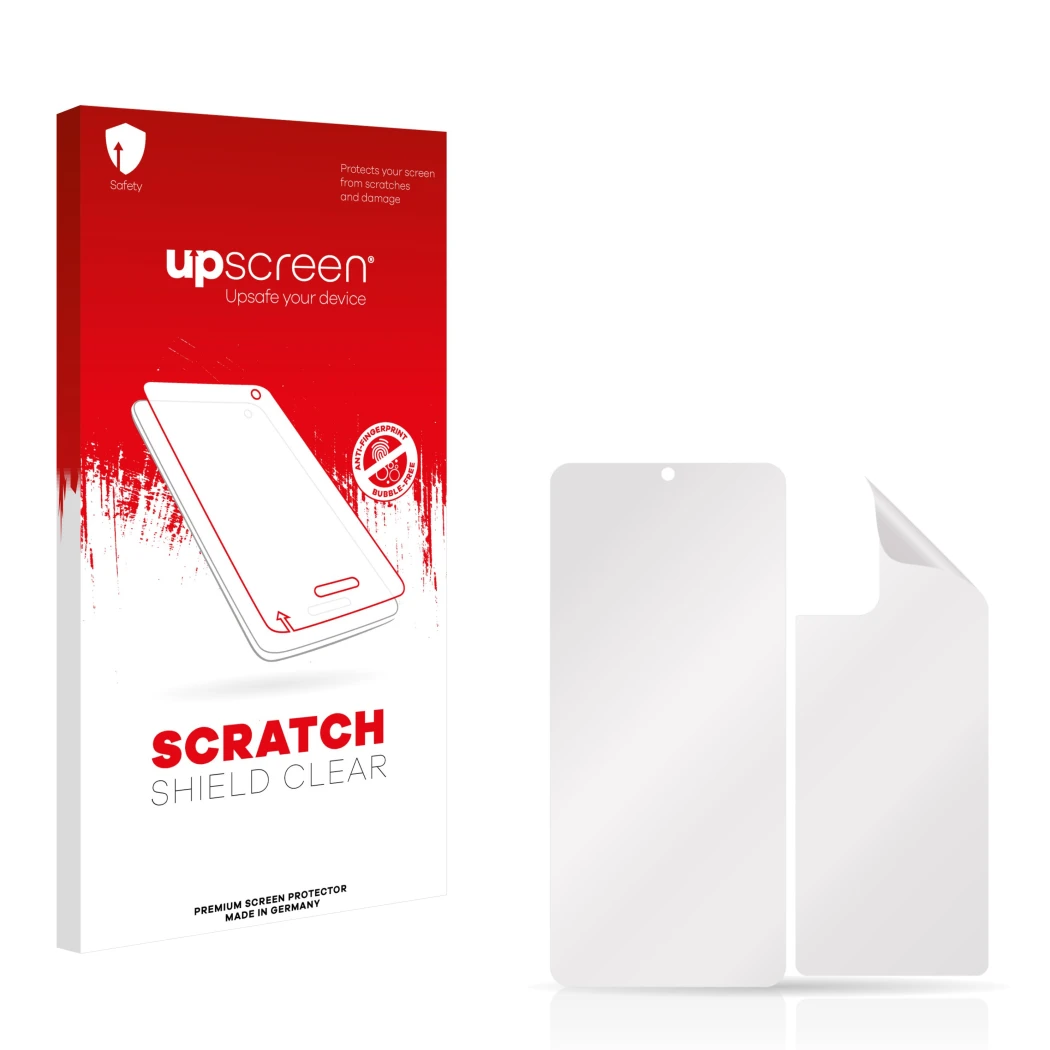 Front side of a product packaging with the brand logo upscreen. Next to it is the corresponding screen protector.