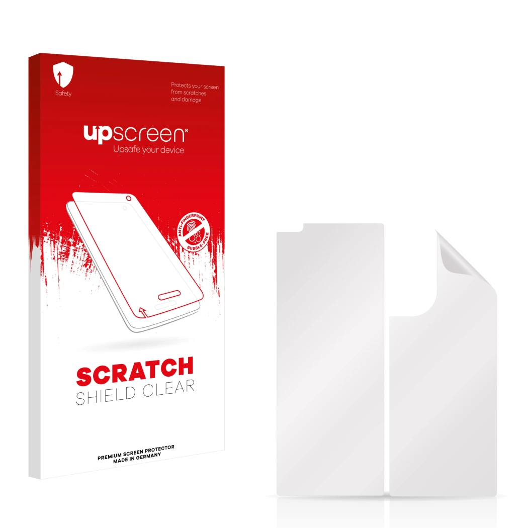 Front side of a product packaging with the brand logo upscreen. Next to it is the corresponding screen protector.