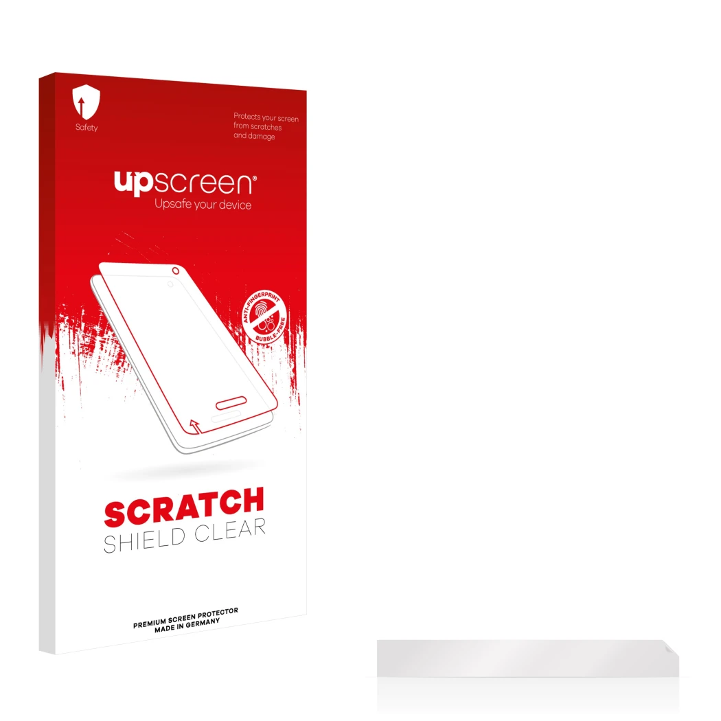 Front side of a product packaging with the brand logo upscreen. Next to it is the corresponding screen protector.