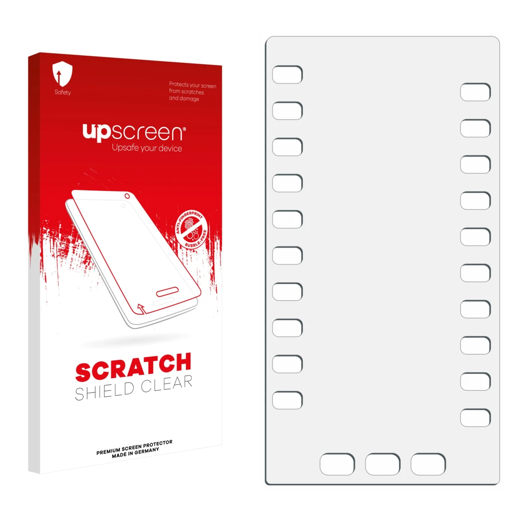 Front side of a product packaging with the brand logo upscreen. Next to it is the corresponding screen protector.