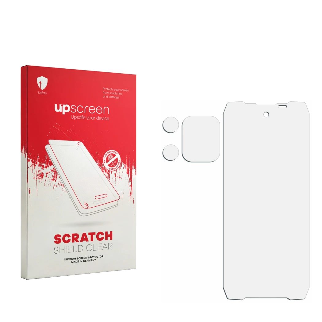 Front side of a product packaging with the brand logo upscreen. Next to it is the corresponding screen protector.