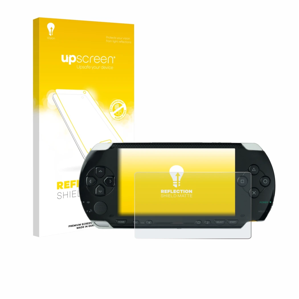 Front side of a product packaging with the brand logo upscreen. Next to it is the device Sony PSP 1000 shown with the correspo