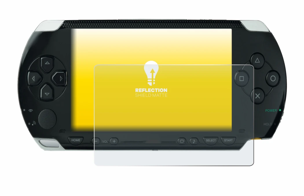 Image of the device Sony PSP 1000 with a wide variety of screen protectors.
