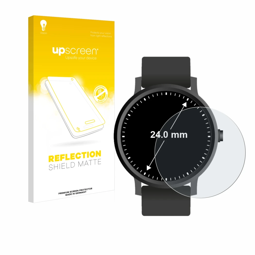 Front side of a product packaging with the brand logo upscreen. Next to it is the device Watches (Circular, ø: 24 mm) shown wi