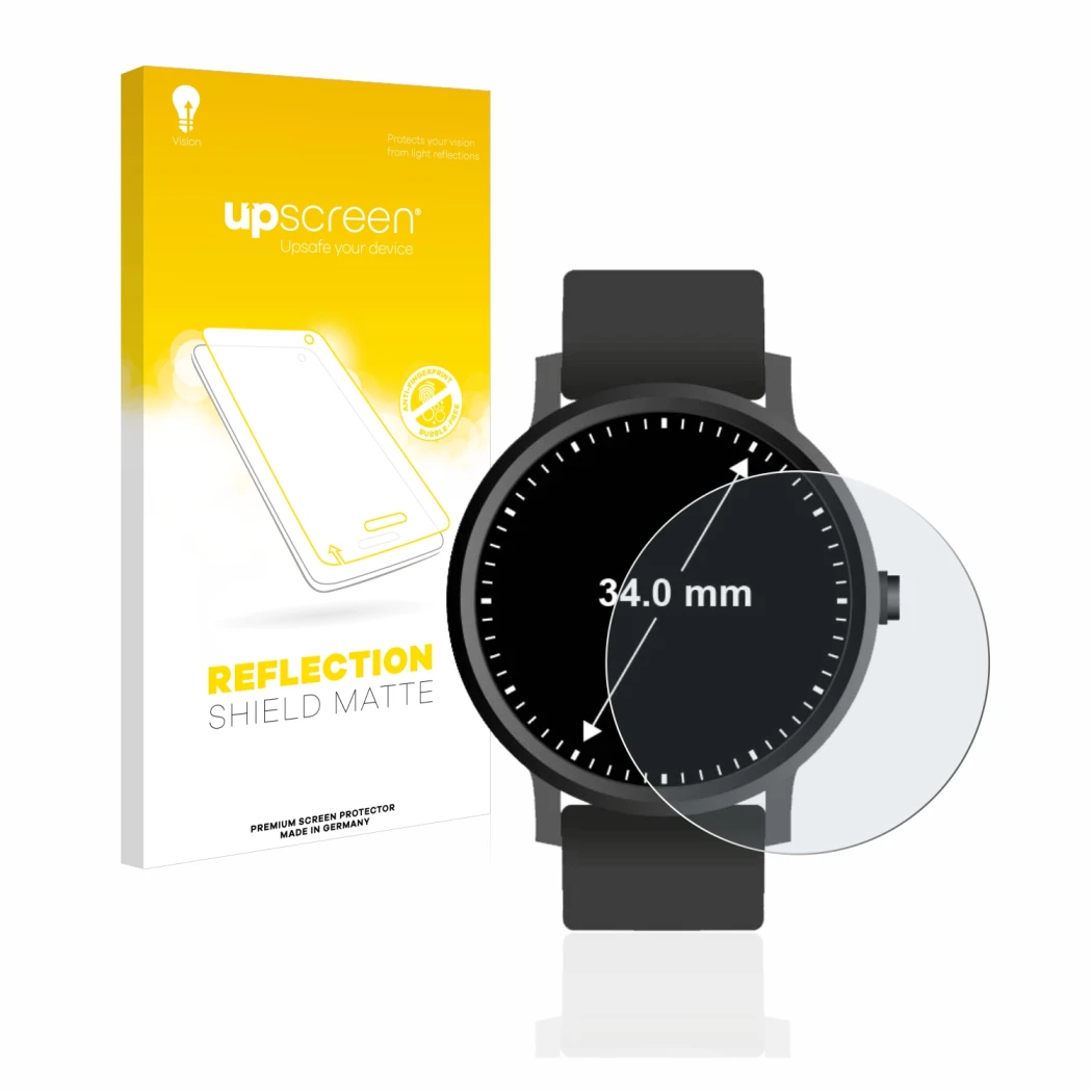 Front side of a product packaging with the brand logo upscreen. Next to it is the device Watches (Circular, ø: 34 mm) shown wi