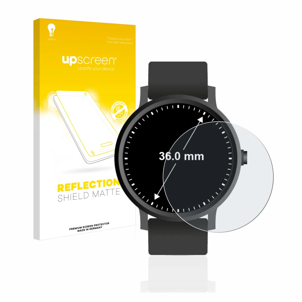Front side of a product packaging with the brand logo upscreen. Next to it is the device Watches (Circular, ø: 36 mm) shown wi
