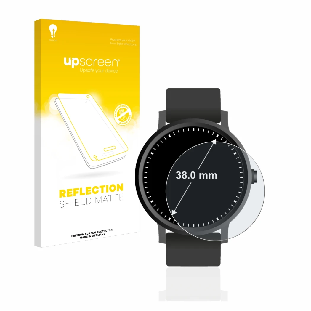 Front side of a product packaging with the brand logo upscreen. Next to it is the device Watches (Circular, ø: 38 mm) shown wi