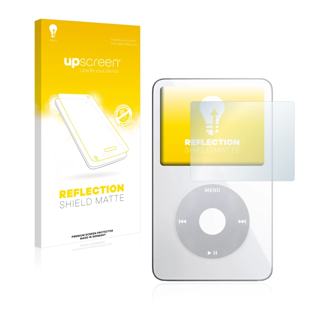 Front side of a product packaging with the brand logo upscreen. Next to it is the device Apple iPod classic video Display (5th
