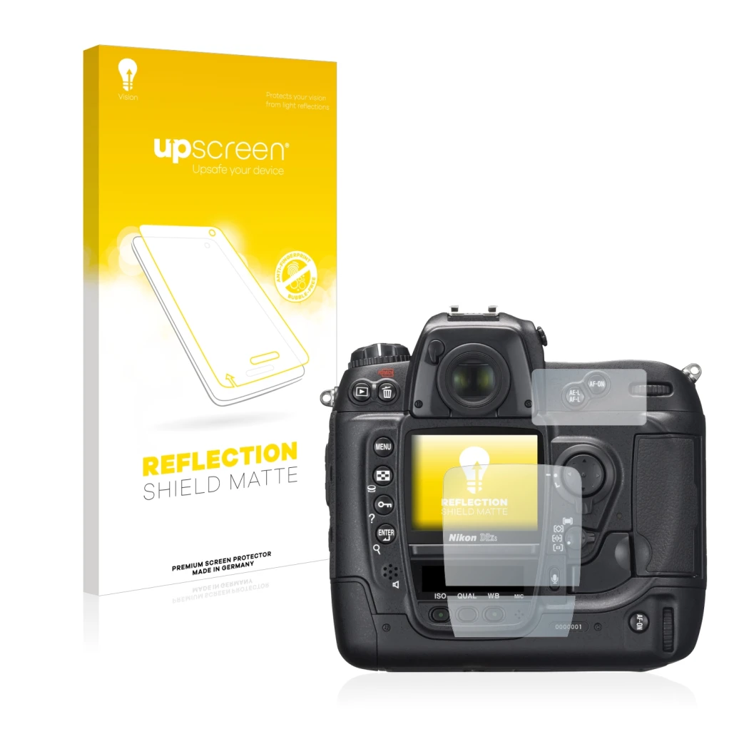 Front side of a product packaging with the brand logo upscreen. Next to it is the device Nikon D2X shown with the correspondin