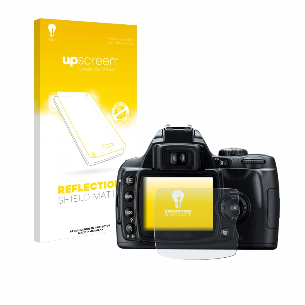 Front side of a product packaging with the brand logo upscreen. Next to it is the device Nikon D40 shown with the correspondin