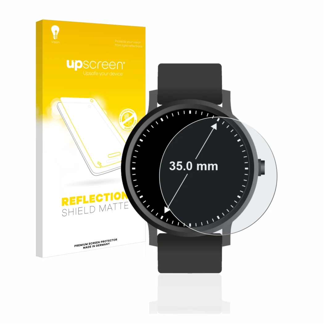 Front side of a product packaging with the brand logo upscreen. Next to it is the device Watches (Circular, ø: 35 mm) shown wi