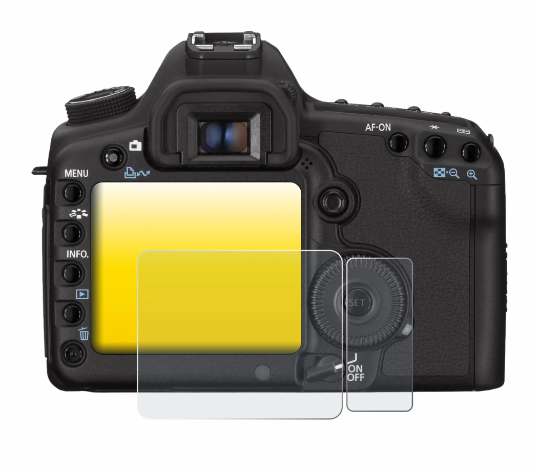 Image of the device Canon EOS 5D Mark II with a wide variety of screen protectors.