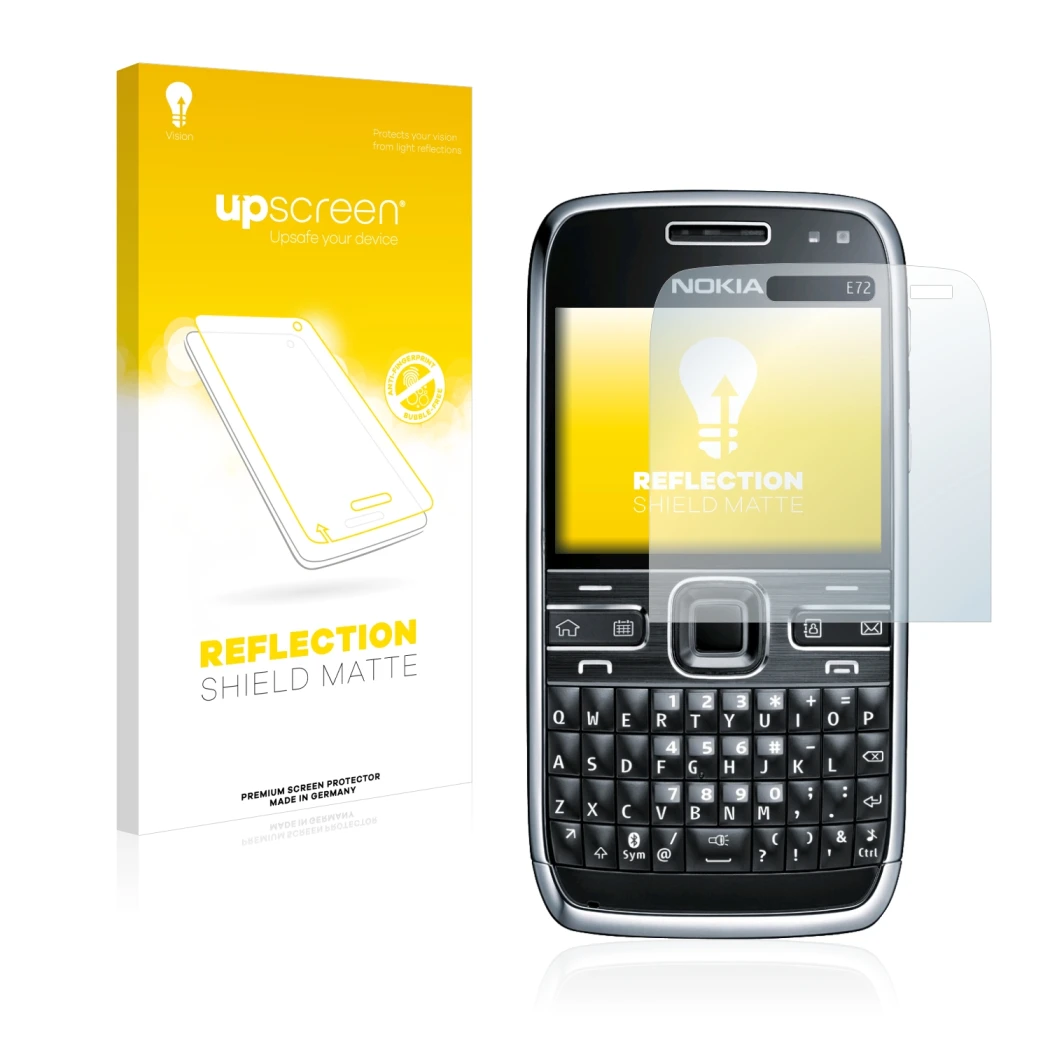 Front side of a product packaging with the brand logo upscreen. Next to it is the device Nokia E72 shown with the correspondin