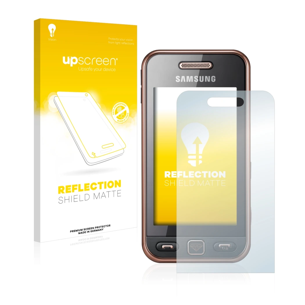 Front side of a product packaging with the brand logo upscreen. Next to it is the device Samsung GT-S5230 shown with the corre