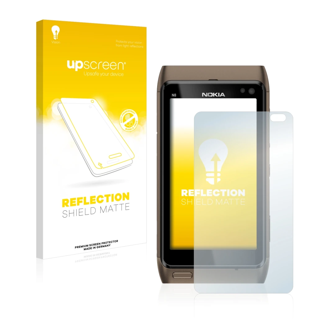 Front side of a product packaging with the brand logo upscreen. Next to it is the device Nokia n8 shown with the corresponding