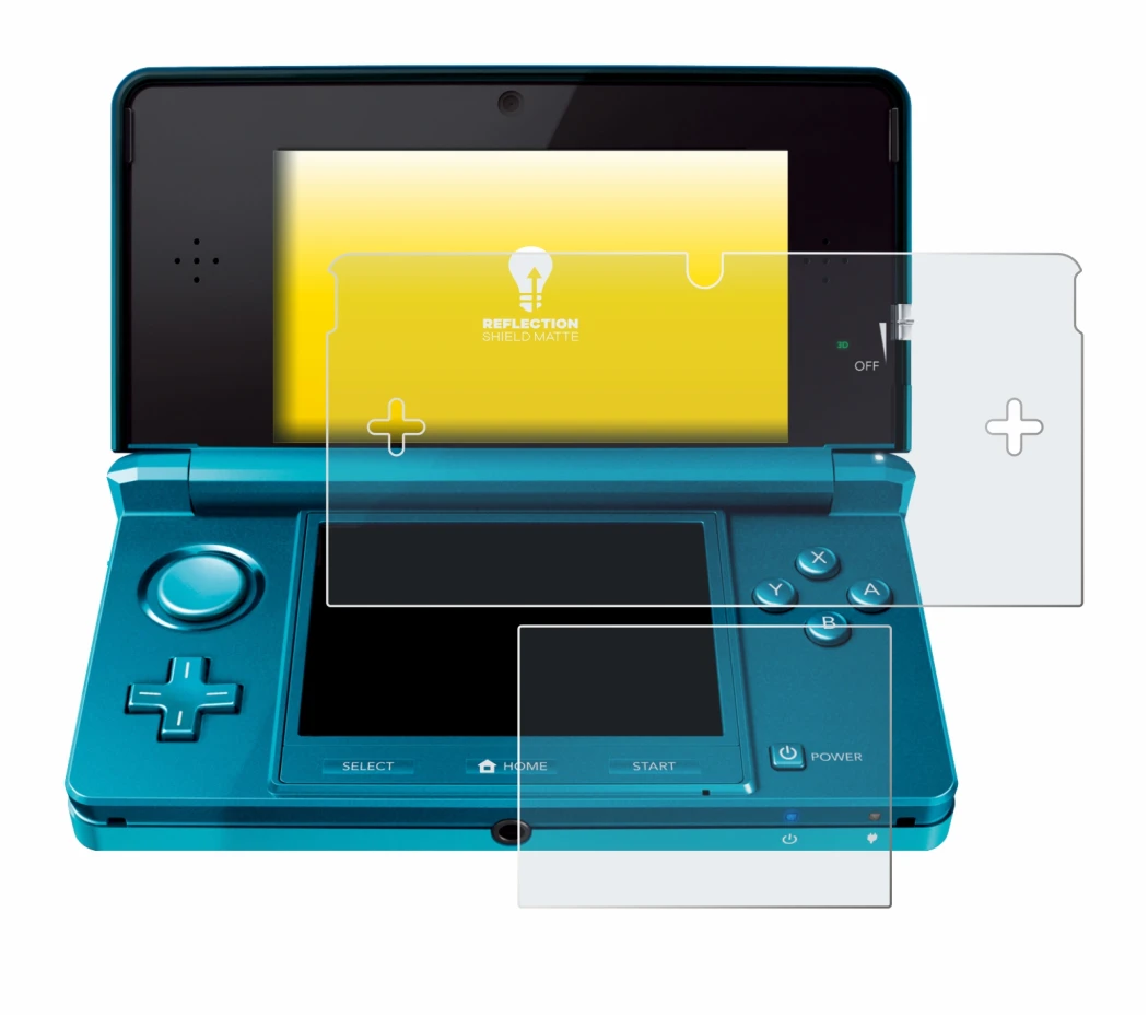 Image of the device Nintendo 3DS with a wide variety of screen protectors.