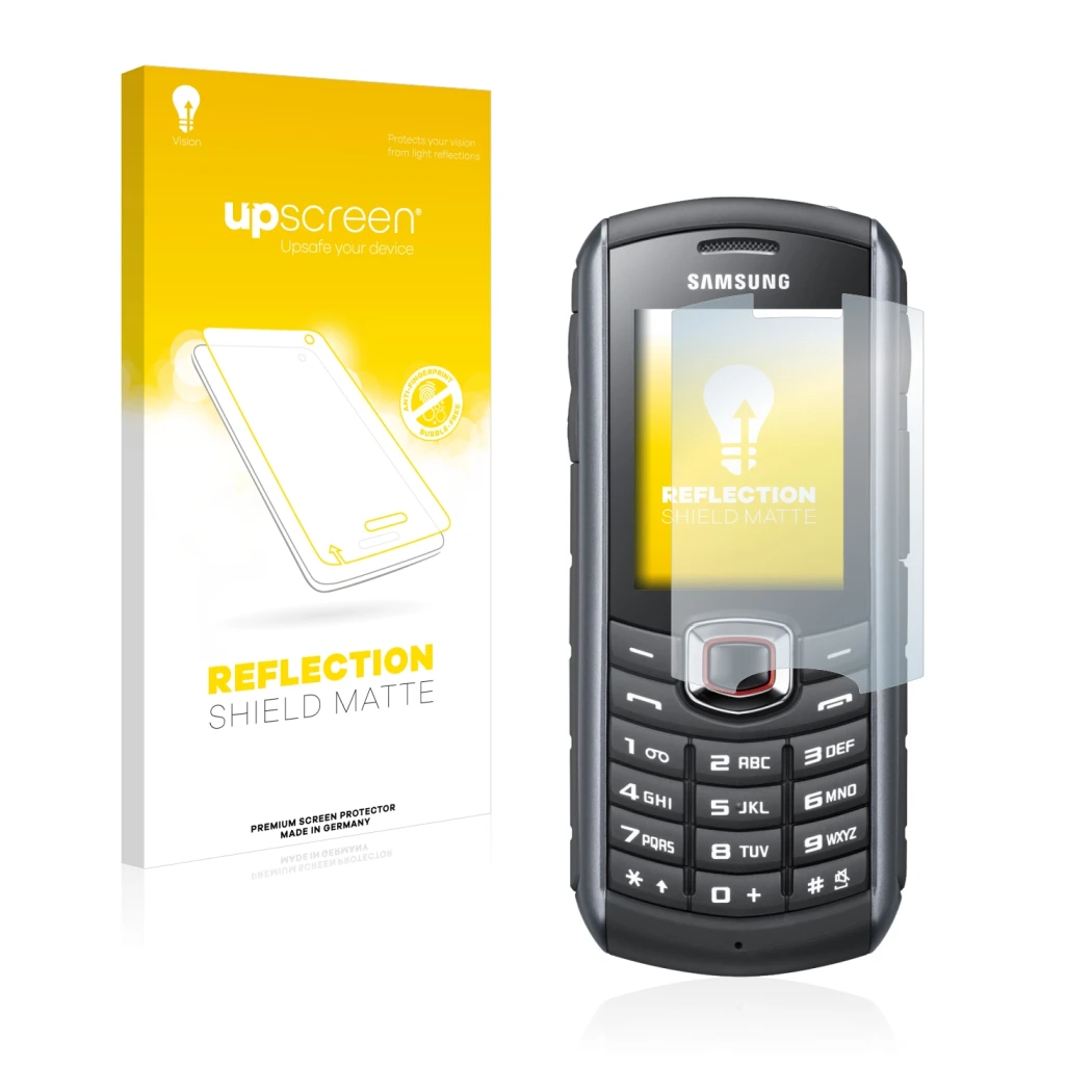 Front side of a product packaging with the brand logo upscreen. Next to it is the device Samsung GT-B2710 shown with the corre