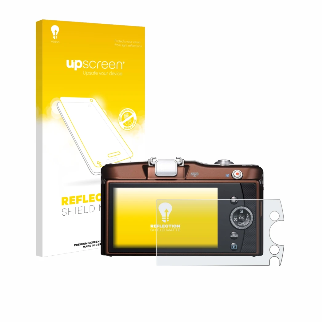 Front side of a product packaging with the brand logo upscreen. Next to it is the device Olympus PEN E-PM1 shown with the corr