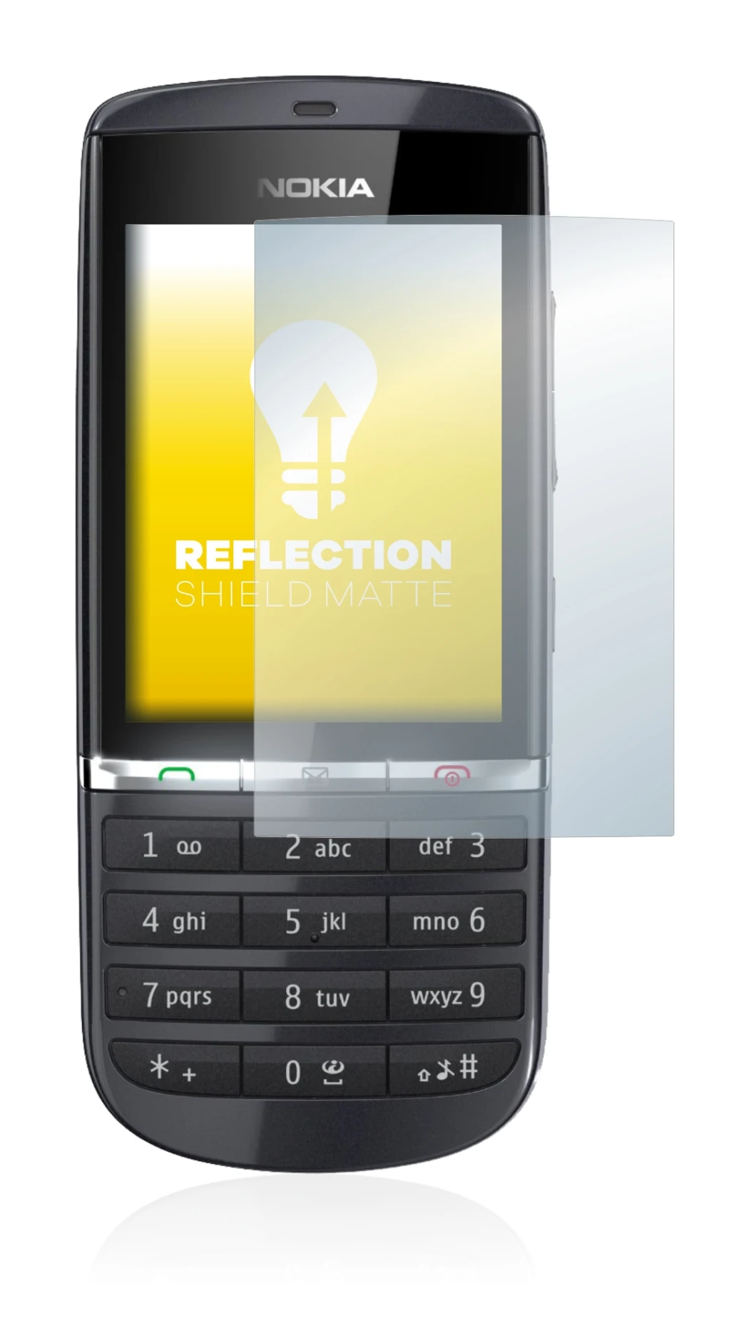 Image of the device Nokia Asha 300 with a wide variety of screen protectors.