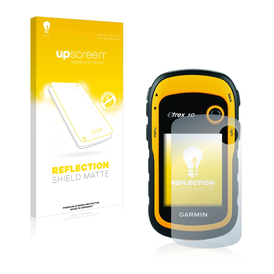 Front side of a product packaging with the brand logo upscreen. Next to it is the device Garmin eTrex 10 shown with the corres