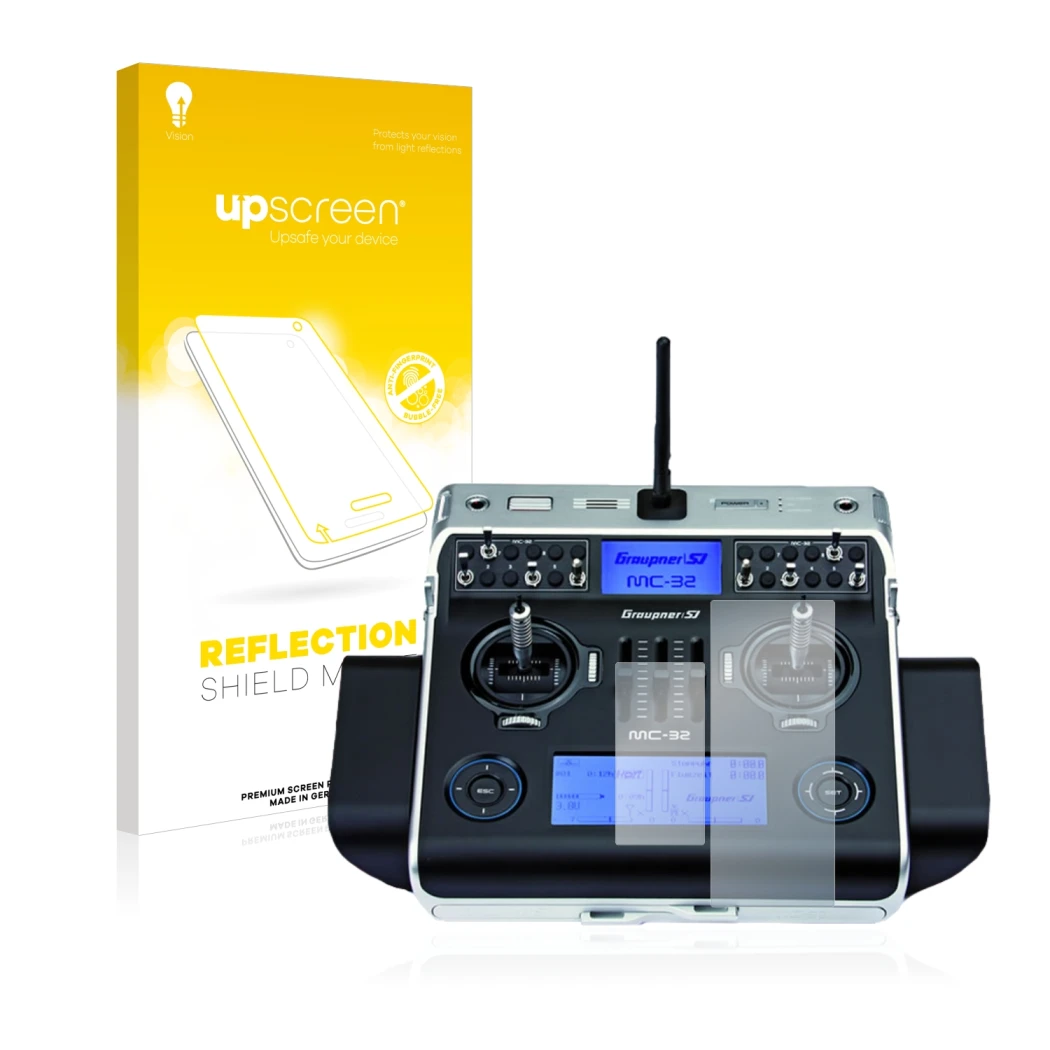 Front side of a product packaging with the brand logo upscreen. Next to it is the device Graupner MC-32 HoTT shown with the co