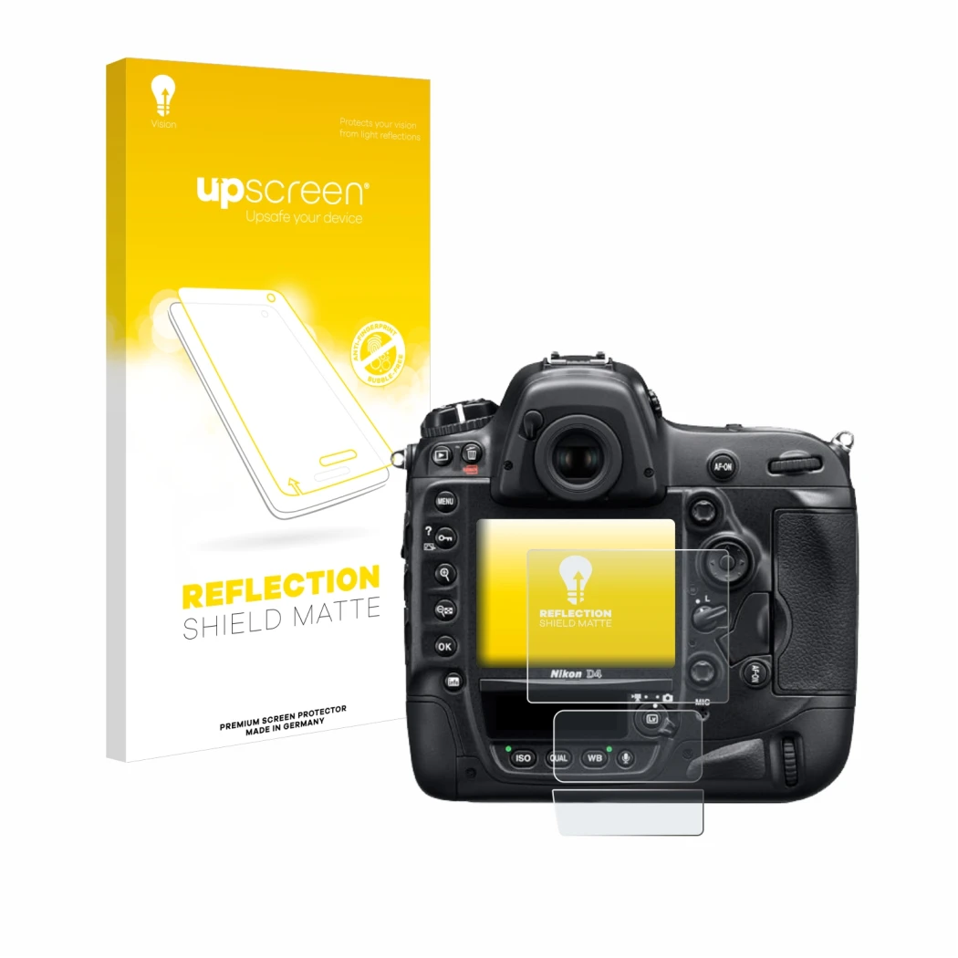 Front side of a product packaging with the brand logo upscreen. Next to it is the device Nikon D4 shown with the corresponding